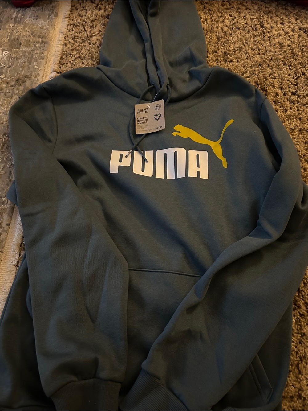 Puma Men's Crewneck Hoodie in Teal with Yellow Logo